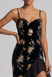 Black Velvet Floral Embroidery Sequins Asymmetrical A-Line Mother of the Bride Dress with Ruffle Slit