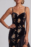 Black Velvet Floral Embroidery Sequins Asymmetrical A-Line Mother of the Bride Dress with Ruffle Slit