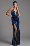 Dark Navy Velvet Halter Neck Ruched Sheath Jacquard Long Mother of the Bride Dress with Side Slit
