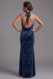 Dark Navy Velvet Halter Neck Ruched Sheath Jacquard Long Mother of the Bride Dress with Side Slit