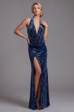 Dark Navy Velvet Halter Neck Ruched Sheath Jacquard Long Mother of the Bride Dress with Side Slit
