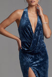 Dark Navy Velvet Halter Neck Ruched Sheath Jacquard Long Mother of the Bride Dress with Side Slit