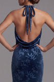 Dark Navy Velvet Halter Neck Ruched Sheath Jacquard Long Mother of the Bride Dress with Side Slit
