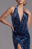Dark Navy Velvet Halter Neck Ruched Sheath Jacquard Long Mother of the Bride Dress with Side Slit