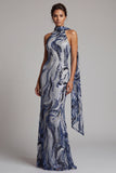 Navy Sequins Mermaid High Neck Long Mother of the Bride Dress with Beaded