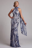 Navy Sequins Mermaid High Neck Long Mother of the Bride Dress with Beaded