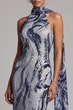 Navy Sequins Mermaid High Neck Long Mother of the Bride Dress with Beaded