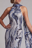 Navy Sequins Mermaid High Neck Long Mother of the Bride Dress with Beaded