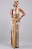 Champagne Velvet Cowl Neck Floral Jacquard Sheath Long Mother of the Bride Dress with Sash