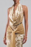 Champagne Velvet Cowl Neck Floral Jacquard Sheath Long Mother of the Bride Dress with Sash