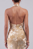 Champagne Velvet Cowl Neck Floral Jacquard Sheath Long Mother of the Bride Dress with Sash