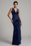 Dark Navy Velvet Mermaid V-Neck Jacquard Long Mother of the Bride Dress with draped sash