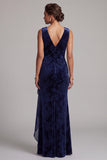 Dark Navy Velvet Mermaid V-Neck Jacquard Long Mother of the Bride Dress with draped sash