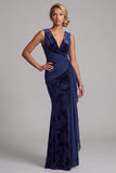 Dark Navy Velvet Mermaid V-Neck Jacquard Long Mother of the Bride Dress with draped sash