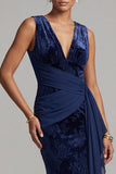 Dark Navy Velvet Mermaid V-Neck Jacquard Long Mother of the Bride Dress with draped sash