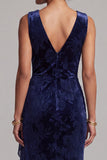 Dark Navy Velvet Mermaid V-Neck Jacquard Long Mother of the Bride Dress with draped sash