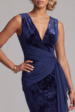 Dark Navy Velvet Mermaid V-Neck Jacquard Long Mother of the Bride Dress with draped sash