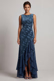 Dark Navy Bateau Neck Velvet Jacquard Asymmetrical Mother of the Bride Dress with Ruffle Slit