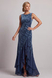 Dark Navy Bateau Neck Velvet Jacquard Asymmetrical Mother of the Bride Dress with Ruffle Slit