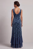 Dark Navy Bateau Neck Velvet Jacquard Asymmetrical Mother of the Bride Dress with Ruffle Slit