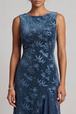 Dark Navy Bateau Neck Velvet Jacquard Asymmetrical Mother of the Bride Dress with Ruffle Slit