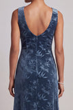 Dark Navy Bateau Neck Velvet Jacquard Asymmetrical Mother of the Bride Dress with Ruffle Slit
