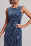 Dark Navy Bateau Neck Velvet Jacquard Asymmetrical Mother of the Bride Dress with Ruffle Slit