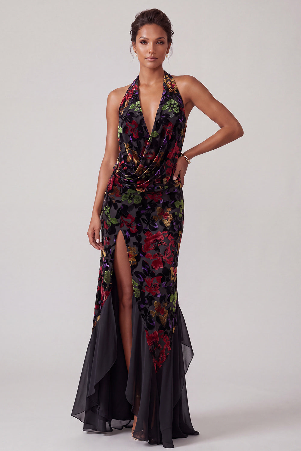 Black Velvet Halter Neck Ruched Sheath Long Mother of the Bride Dress with Ruffle Slit