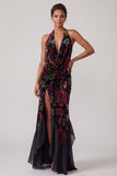 Black Jacquard Velvet Halter Neck Ruched Sheath Long Mother of the Bride Dress with Ruffles Slit