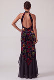 Black Jacquard Velvet Halter Neck Ruched Sheath Long Mother of the Bride Dress with Ruffles Slit