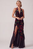 Black Jacquard Velvet Halter Neck Ruched Sheath Long Mother of the Bride Dress with Ruffles Slit