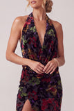 Black Jacquard Velvet Halter Neck Ruched Sheath Long Mother of the Bride Dress with Ruffles Slit