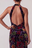 Black Jacquard Velvet Halter Neck Ruched Sheath Long Mother of the Bride Dress with Ruffles Slit