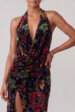 Black Jacquard Velvet Halter Neck Ruched Sheath Long Mother of the Bride Dress with Ruffles Slit