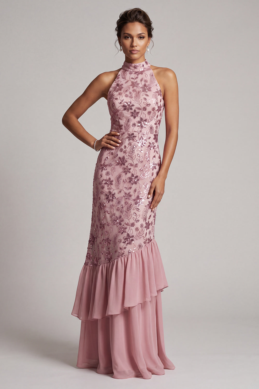 Vintage Mauve Tiered Ruffle Sequins Embroidery Sheath Long Mother of the Bride Dress