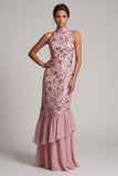 Vintage Mauve Tiered Ruffle Sequins Embroidery Sheath Long Mother of the Bride Dress