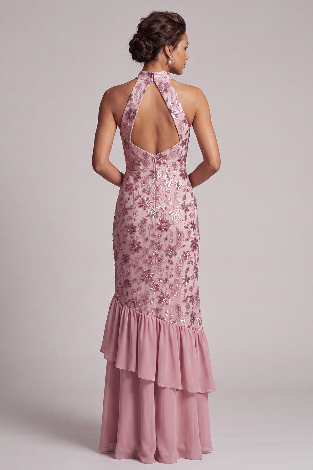 Vintage Mauve Tiered Ruffle Sequins Embroidery Sheath Long Mother of the Bride Dress