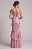 Vintage Mauve Tiered Ruffle Sequins Embroidery Sheath Long Mother of the Bride Dress
