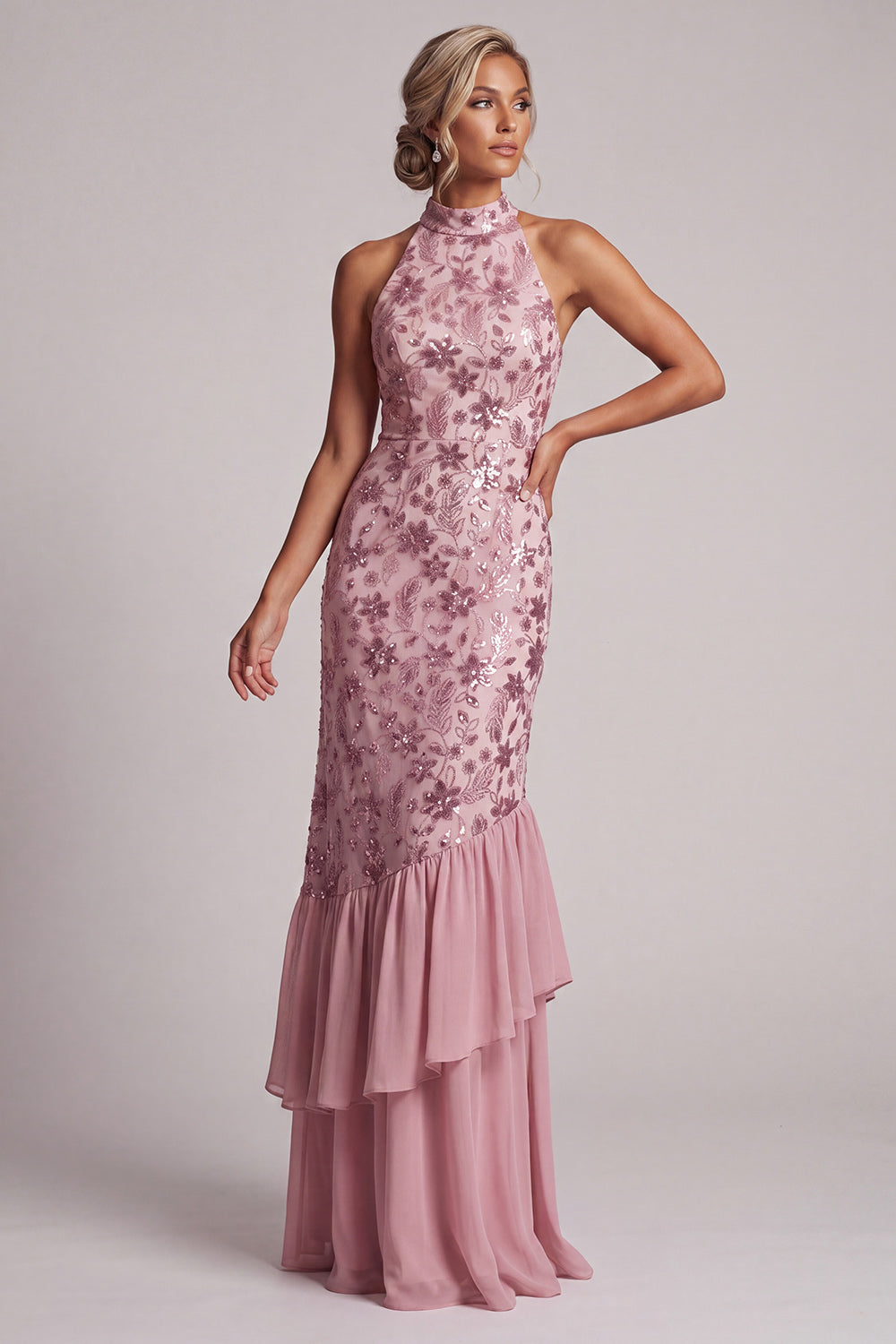 Vintage Mauve Tiered Ruffle Sequins Embroidery Sheath Long Mother of the Bride Dress