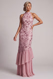 Vintage Mauve Tiered Ruffle Sequins Embroidery Sheath Long Mother of the Bride Dress