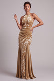 Champagne Velvet Halter Neck Mermaid Long Mother of the Bride Dress with Draping
