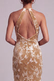 Champagne Velvet Halter Neck Mermaid Long Mother of the Bride Dress with Draping