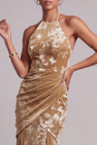 Champagne Velvet Halter Neck Mermaid Long Mother of the Bride Dress with Draping