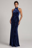 Dark Navy Velvet Ruched High Neck Mermaid Long Mother of the Bride Dress