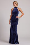 Dark Navy Velvet Ruched High Neck Mermaid Long Mother of the Bride Dress
