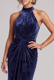 Dark Navy Velvet Ruched High Neck Mermaid Long Mother of the Bride Dress