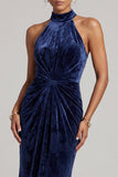 Dark Navy Velvet Ruched High Neck Mermaid Long Mother of the Bride Dress
