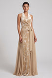 Champagne Velvet Halter Neck Jacquard Ruched Long Mother of the Bride Dress with Sash