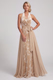 Champagne Velvet Halter Neck Jacquard Ruched Long Mother of the Bride Dress with Sash