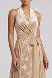 Champagne Velvet Halter Neck Jacquard Ruched Long Mother of the Bride Dress with Sash